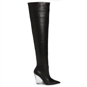 Stuart Weitzman Black Leather Lucite Wedge Over the Knee Boots